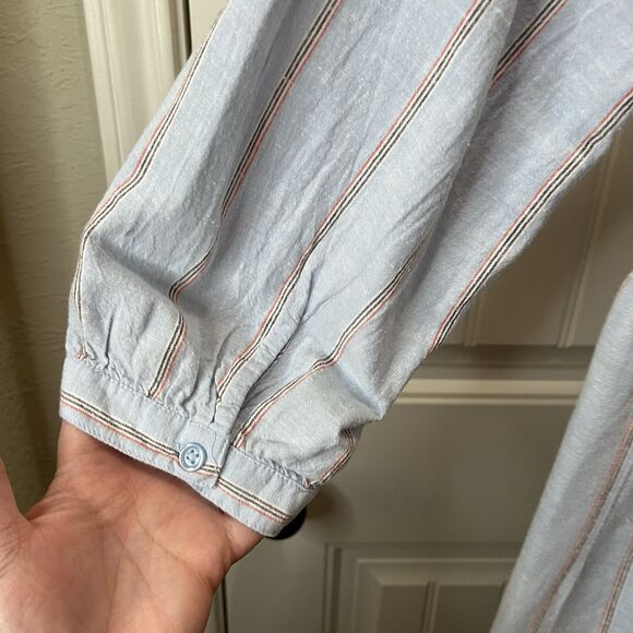 Old Navy Striped Light Blue Button Up Linen Blend Dress Coastal Beachy Womens L - Picture 9 of 11